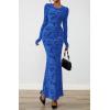 imageBTFBM Wedding Guest Dresses for Women 2025 Fall Elegant Floral Lace Ruched Long Sleeve Bodycon Cocktail Party Maxi DressBlue