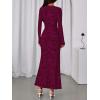 imageBTFBM Wedding Guest Dresses for Women 2025 Fall Elegant Floral Lace Ruched Long Sleeve Bodycon Cocktail Party Maxi DressBurgundy