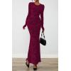 imageBTFBM Wedding Guest Dresses for Women 2025 Fall Elegant Floral Lace Ruched Long Sleeve Bodycon Cocktail Party Maxi DressBurgundy