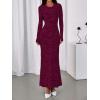 imageBTFBM Wedding Guest Dresses for Women 2025 Fall Elegant Floral Lace Ruched Long Sleeve Bodycon Cocktail Party Maxi DressBurgundy