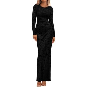 imageBTFBM Wedding Guest Dresses for Women 2025 Fall Elegant Floral Lace Ruched Long Sleeve Bodycon Cocktail Party Maxi DressBlack