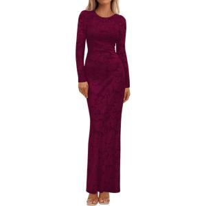 imageBTFBM Wedding Guest Dresses for Women 2025 Fall Elegant Floral Lace Ruched Long Sleeve Bodycon Cocktail Party Maxi DressBurgundy