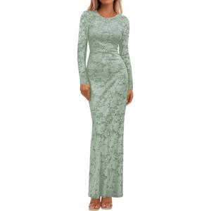 imageBTFBM Wedding Guest Dresses for Women 2025 Fall Elegant Floral Lace Ruched Long Sleeve Bodycon Cocktail Party Maxi DressLight Green