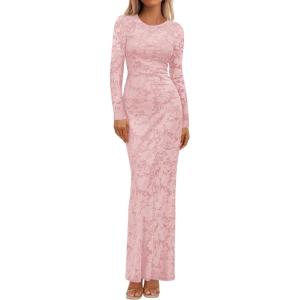 imageBTFBM Wedding Guest Dresses for Women 2025 Fall Elegant Floral Lace Ruched Long Sleeve Bodycon Cocktail Party Maxi DressPink