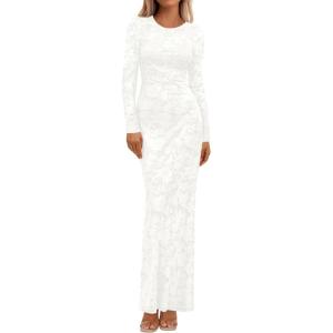 imageBTFBM Wedding Guest Dresses for Women 2025 Fall Elegant Floral Lace Ruched Long Sleeve Bodycon Cocktail Party Maxi DressWhite