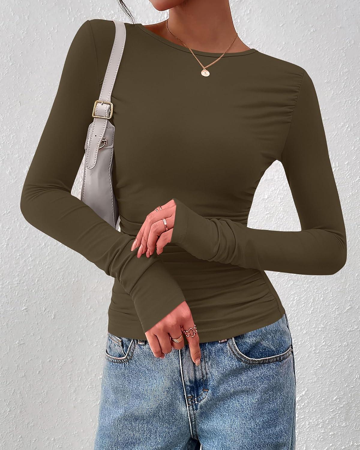 imageBTFBM Womens Tops Dressy Casual Workout Outfits Fall 2025 Long Sleeve Shirts Boat Neck Ruched Bodycon Going Out TopArmy Green