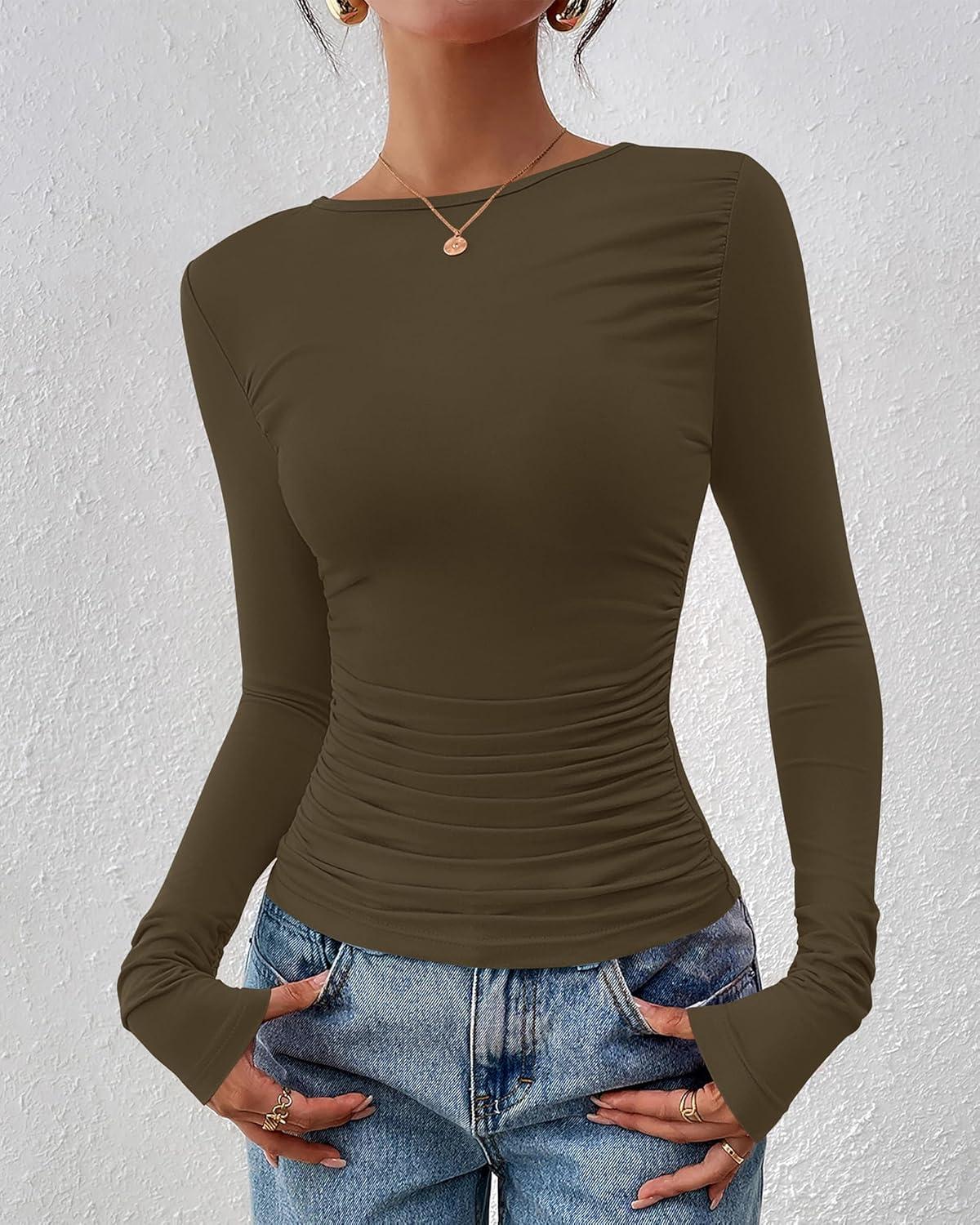 imageBTFBM Womens Tops Dressy Casual Workout Outfits Fall 2025 Long Sleeve Shirts Boat Neck Ruched Bodycon Going Out TopArmy Green