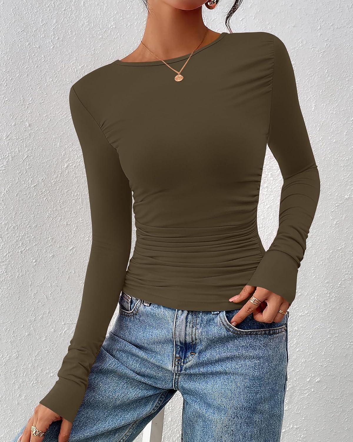 imageBTFBM Womens Tops Dressy Casual Workout Outfits Fall 2025 Long Sleeve Shirts Boat Neck Ruched Bodycon Going Out TopArmy Green