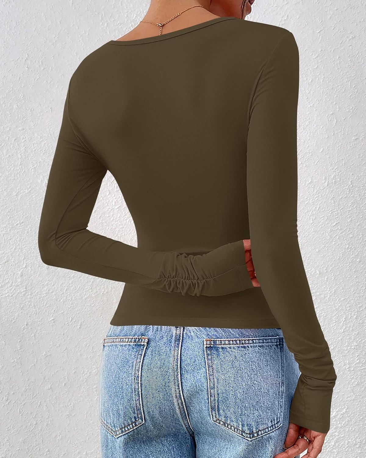 imageBTFBM Womens Tops Dressy Casual Workout Outfits Fall 2025 Long Sleeve Shirts Boat Neck Ruched Bodycon Going Out TopArmy Green
