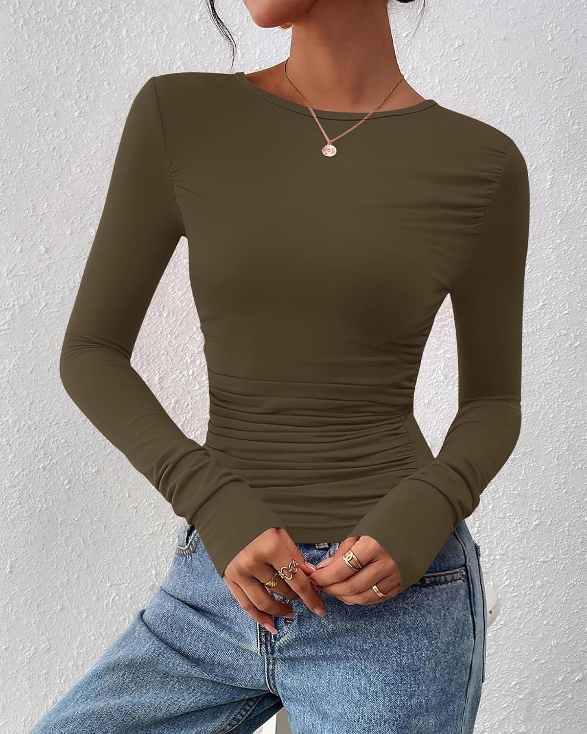imageBTFBM Womens Tops Dressy Casual Workout Outfits Fall 2025 Long Sleeve Shirts Boat Neck Ruched Bodycon Going Out TopArmy Green