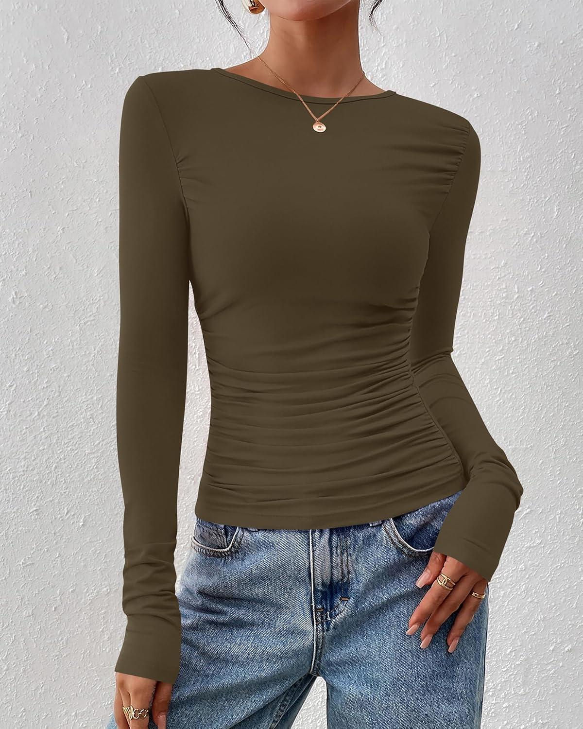 imageBTFBM Womens Tops Dressy Casual Workout Outfits Fall 2025 Long Sleeve Shirts Boat Neck Ruched Bodycon Going Out TopArmy Green