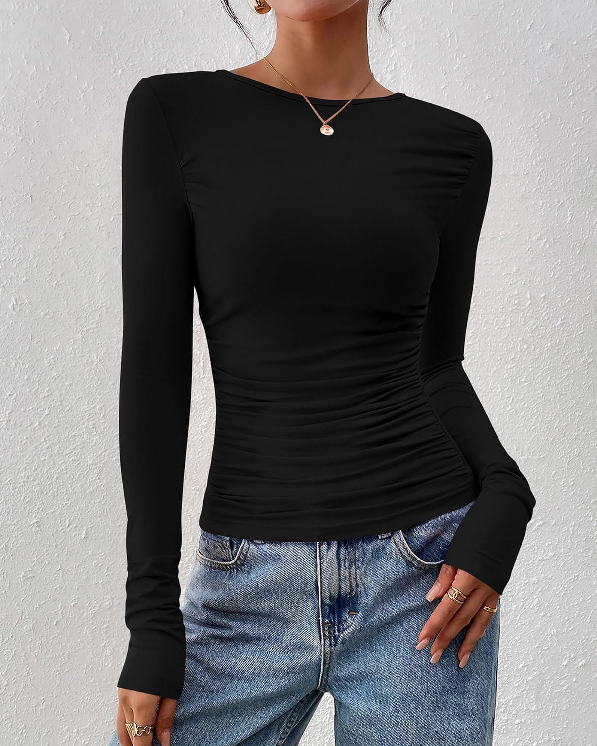 imageBTFBM Womens Tops Dressy Casual Workout Outfits Fall 2025 Long Sleeve Shirts Boat Neck Ruched Bodycon Going Out TopBlack