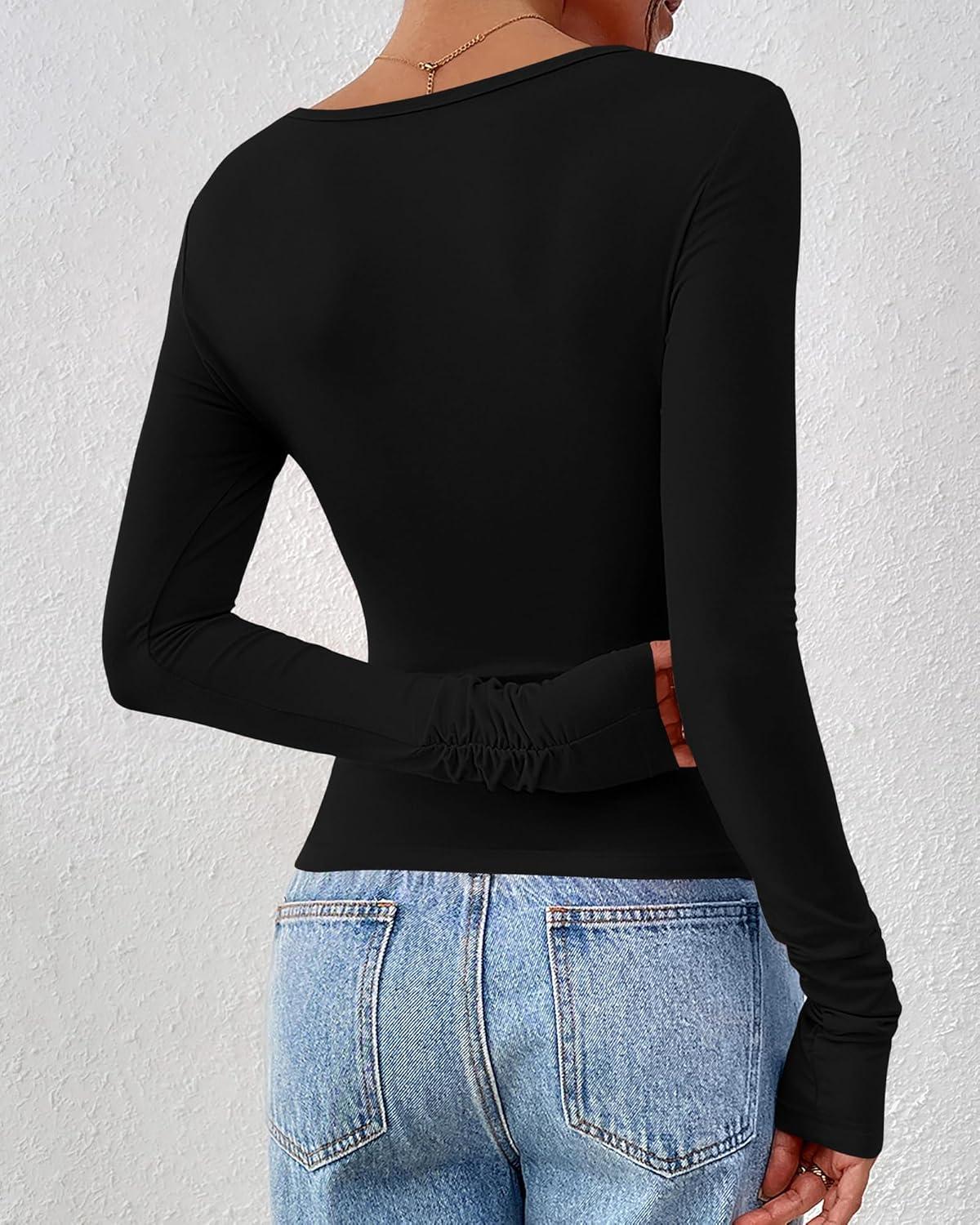 imageBTFBM Womens Tops Dressy Casual Workout Outfits Fall 2025 Long Sleeve Shirts Boat Neck Ruched Bodycon Going Out TopBlack