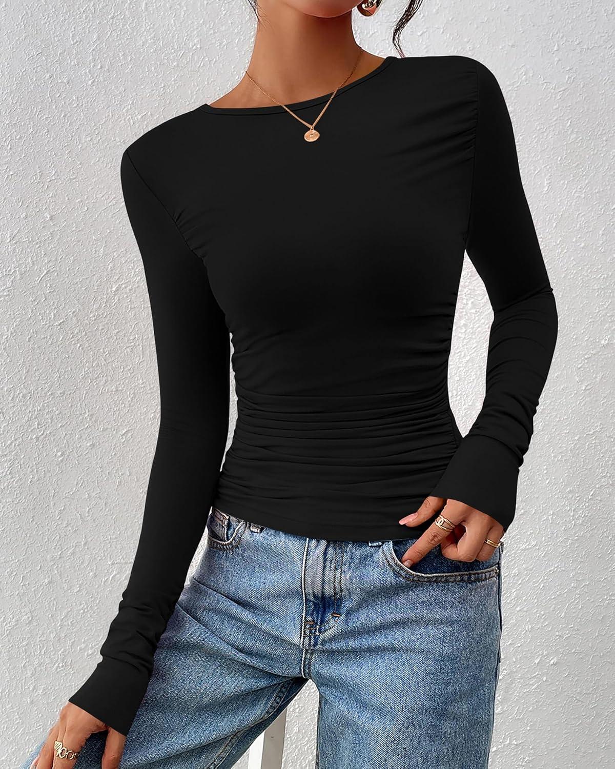 imageBTFBM Womens Tops Dressy Casual Workout Outfits Fall 2025 Long Sleeve Shirts Boat Neck Ruched Bodycon Going Out TopBlack