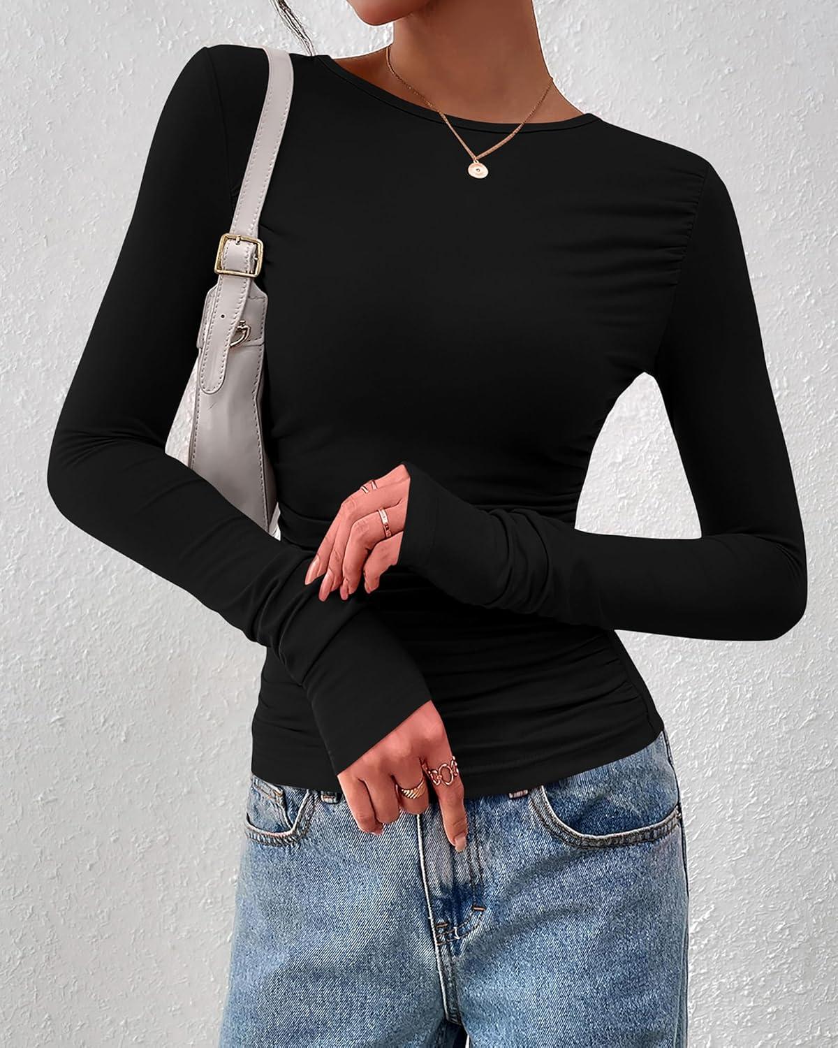 imageBTFBM Womens Tops Dressy Casual Workout Outfits Fall 2025 Long Sleeve Shirts Boat Neck Ruched Bodycon Going Out TopBlack