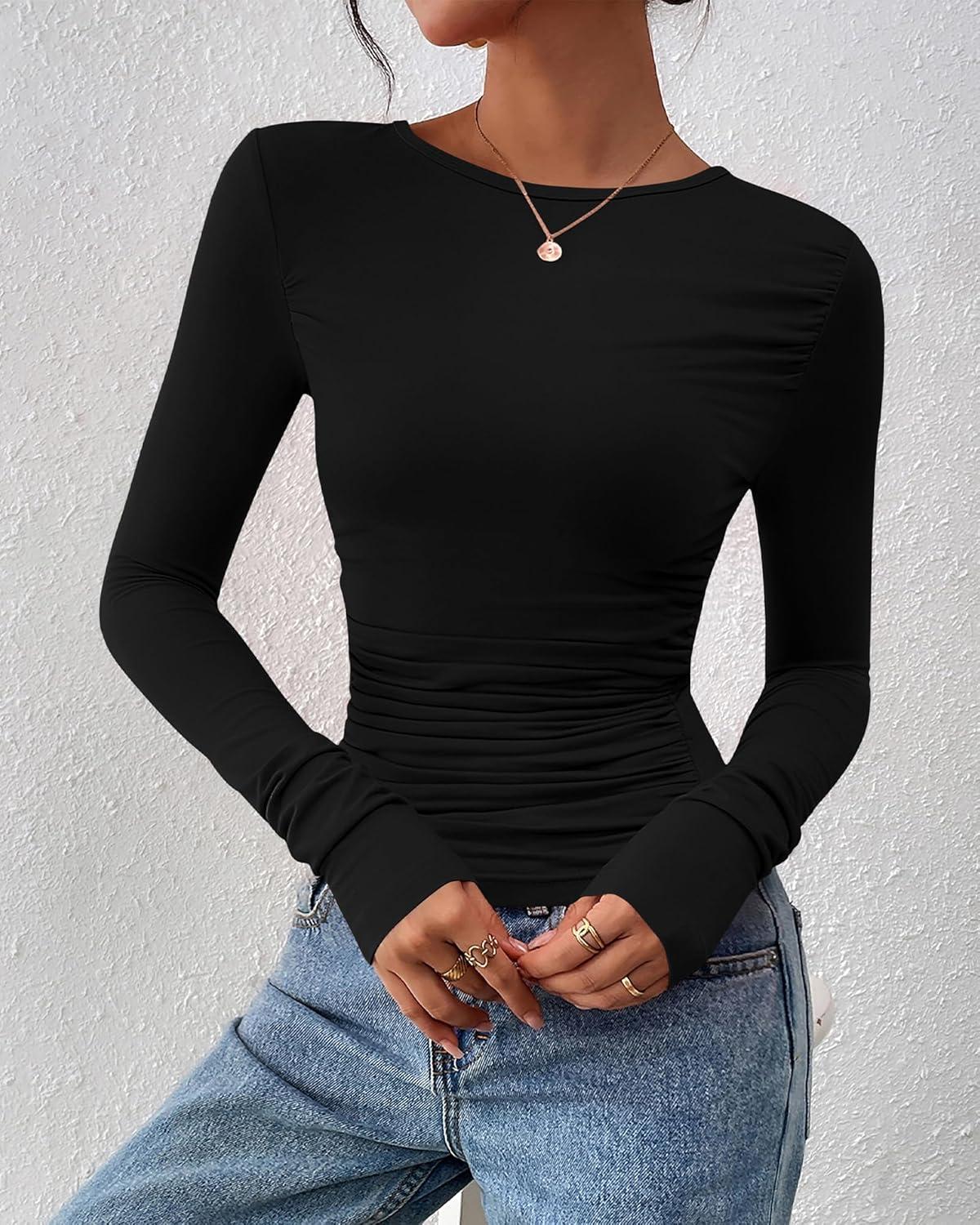 imageBTFBM Womens Tops Dressy Casual Workout Outfits Fall 2025 Long Sleeve Shirts Boat Neck Ruched Bodycon Going Out TopBlack
