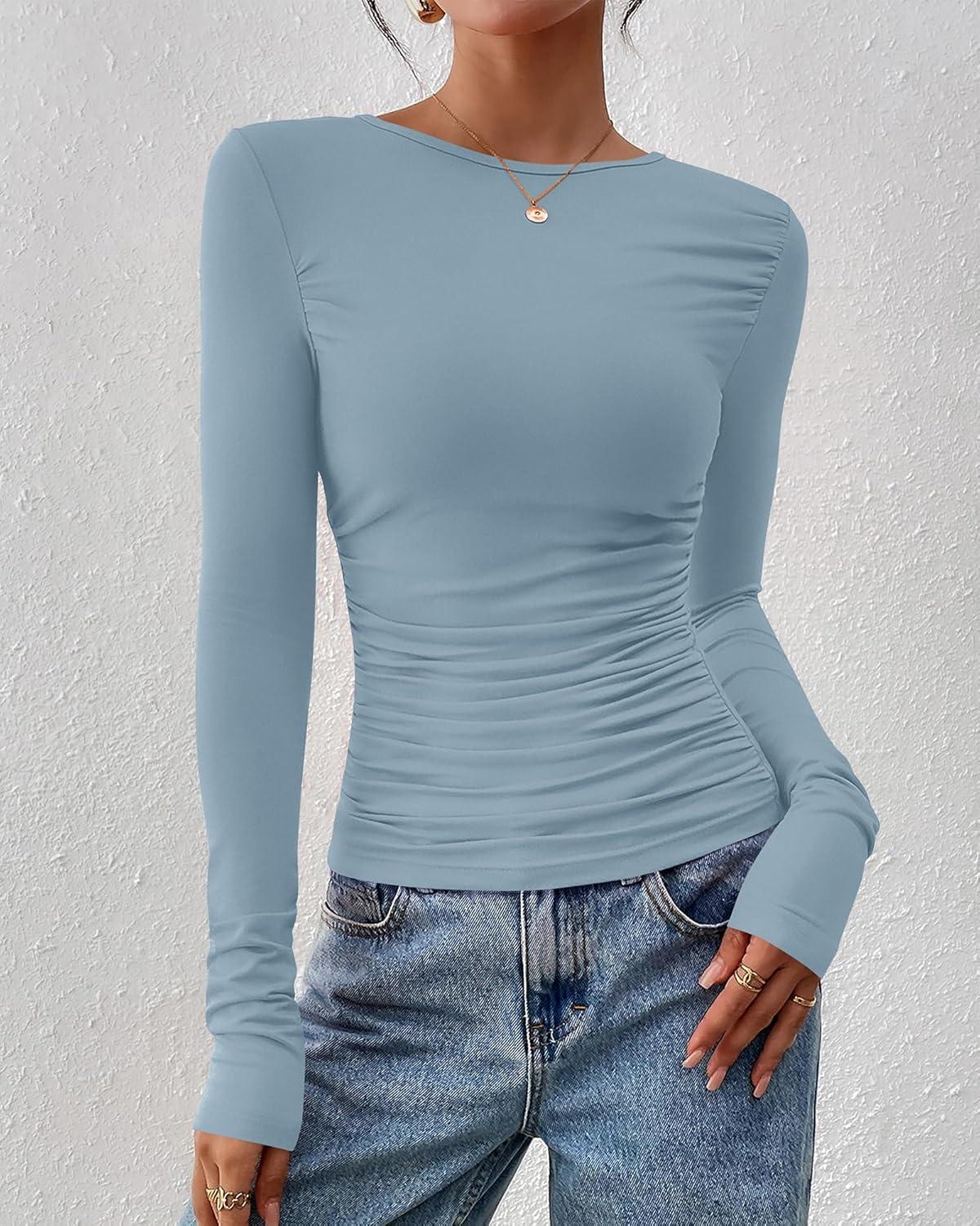 imageBTFBM Womens Tops Dressy Casual Workout Outfits Fall 2025 Long Sleeve Shirts Boat Neck Ruched Bodycon Going Out TopBlue