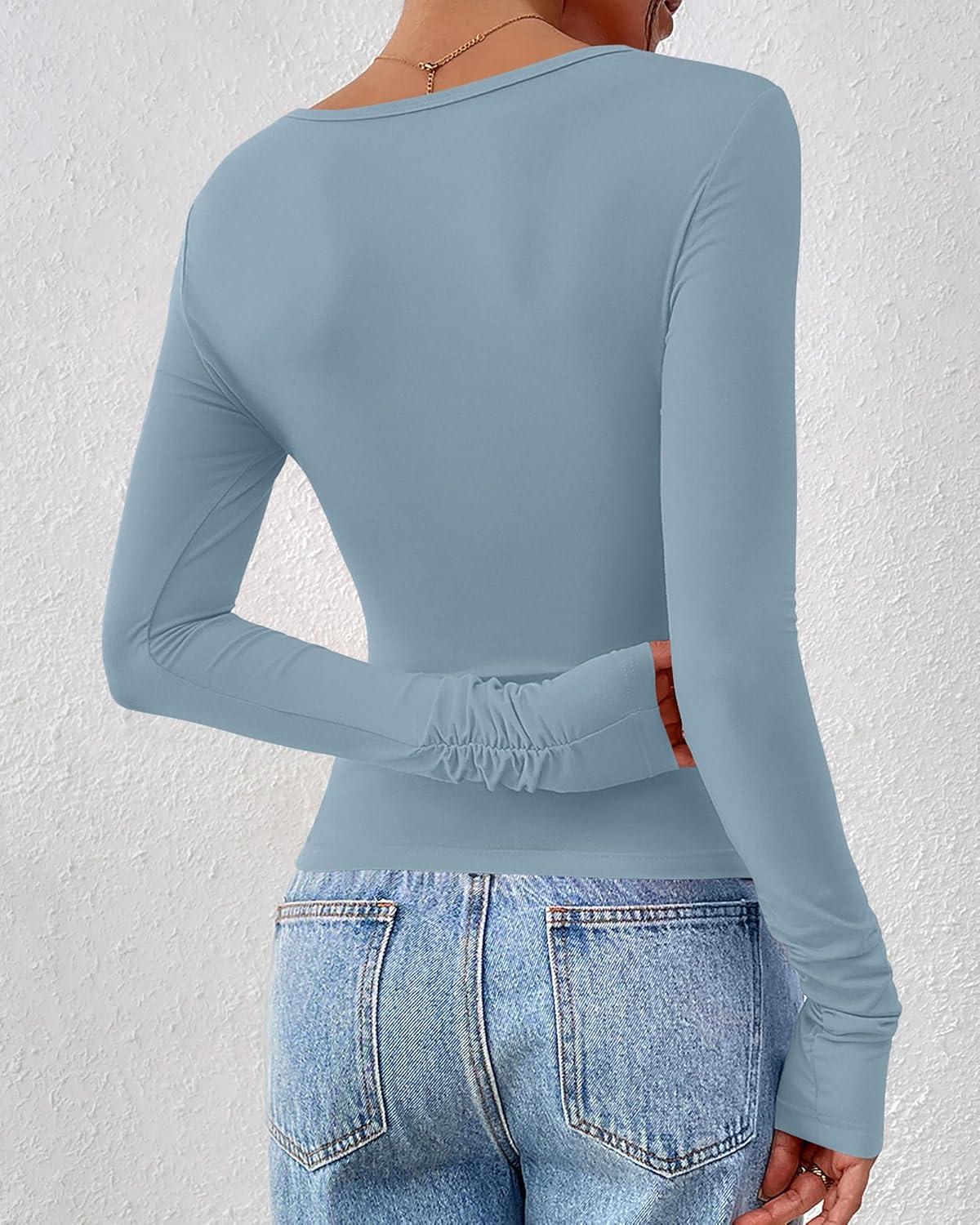 imageBTFBM Womens Tops Dressy Casual Workout Outfits Fall 2025 Long Sleeve Shirts Boat Neck Ruched Bodycon Going Out TopBlue