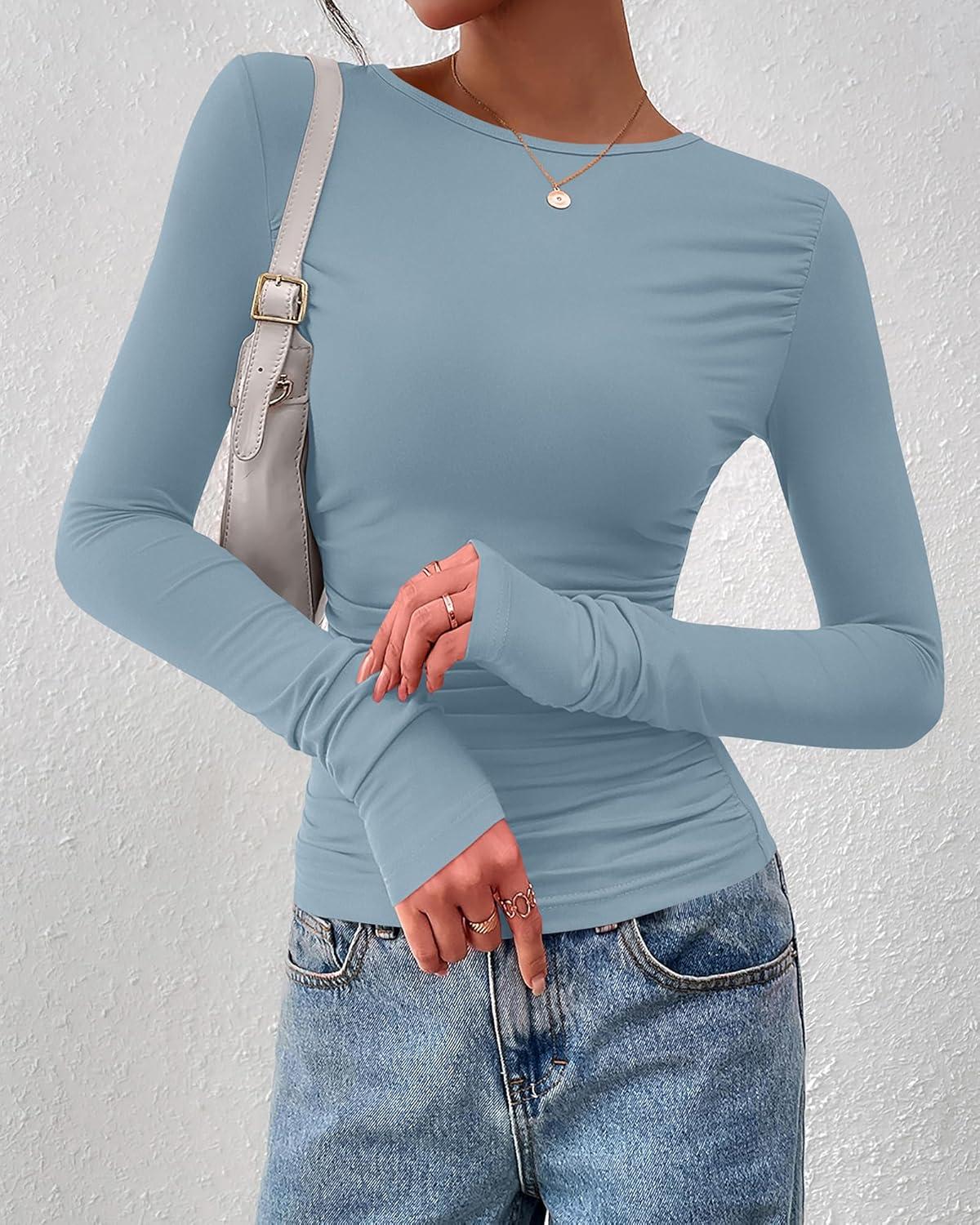 imageBTFBM Womens Tops Dressy Casual Workout Outfits Fall 2025 Long Sleeve Shirts Boat Neck Ruched Bodycon Going Out TopBlue