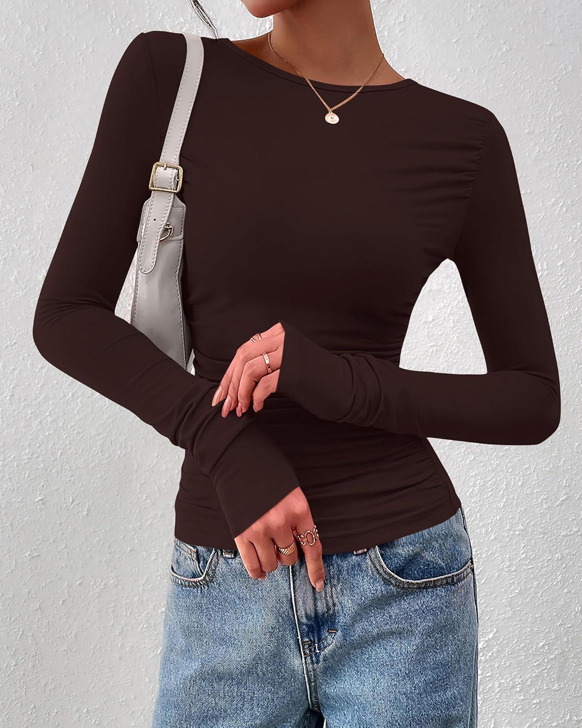 imageBTFBM Womens Tops Dressy Casual Workout Outfits Fall 2025 Long Sleeve Shirts Boat Neck Ruched Bodycon Going Out TopBrown