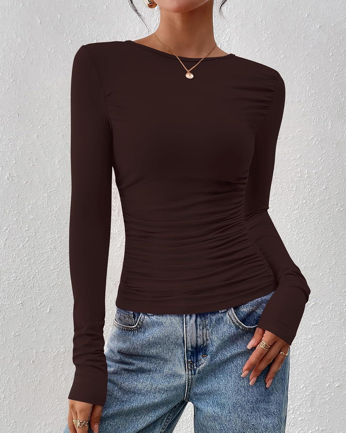 imageBTFBM Womens Tops Dressy Casual Workout Outfits Fall 2025 Long Sleeve Shirts Boat Neck Ruched Bodycon Going Out TopBrown