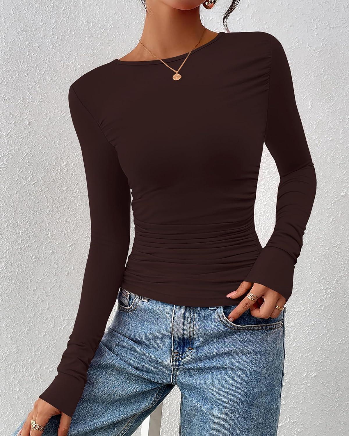 imageBTFBM Womens Tops Dressy Casual Workout Outfits Fall 2025 Long Sleeve Shirts Boat Neck Ruched Bodycon Going Out TopBrown