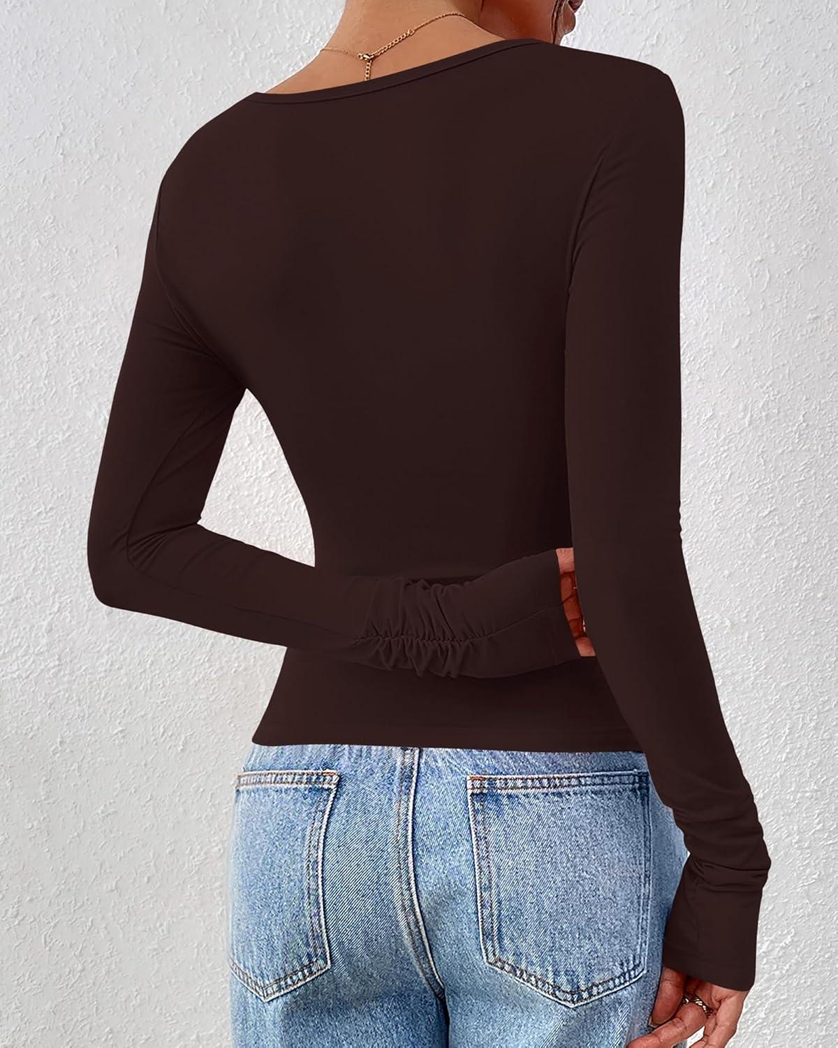 imageBTFBM Womens Tops Dressy Casual Workout Outfits Fall 2025 Long Sleeve Shirts Boat Neck Ruched Bodycon Going Out TopBrown