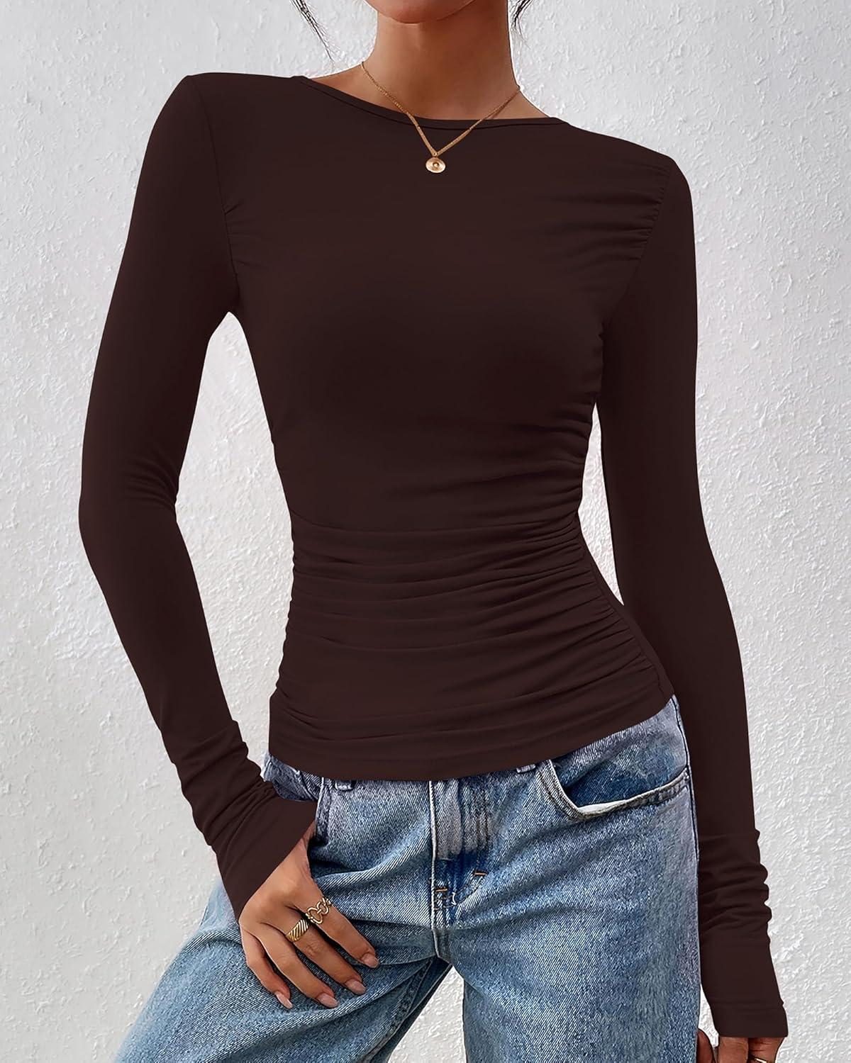 imageBTFBM Womens Tops Dressy Casual Workout Outfits Fall 2025 Long Sleeve Shirts Boat Neck Ruched Bodycon Going Out TopBrown