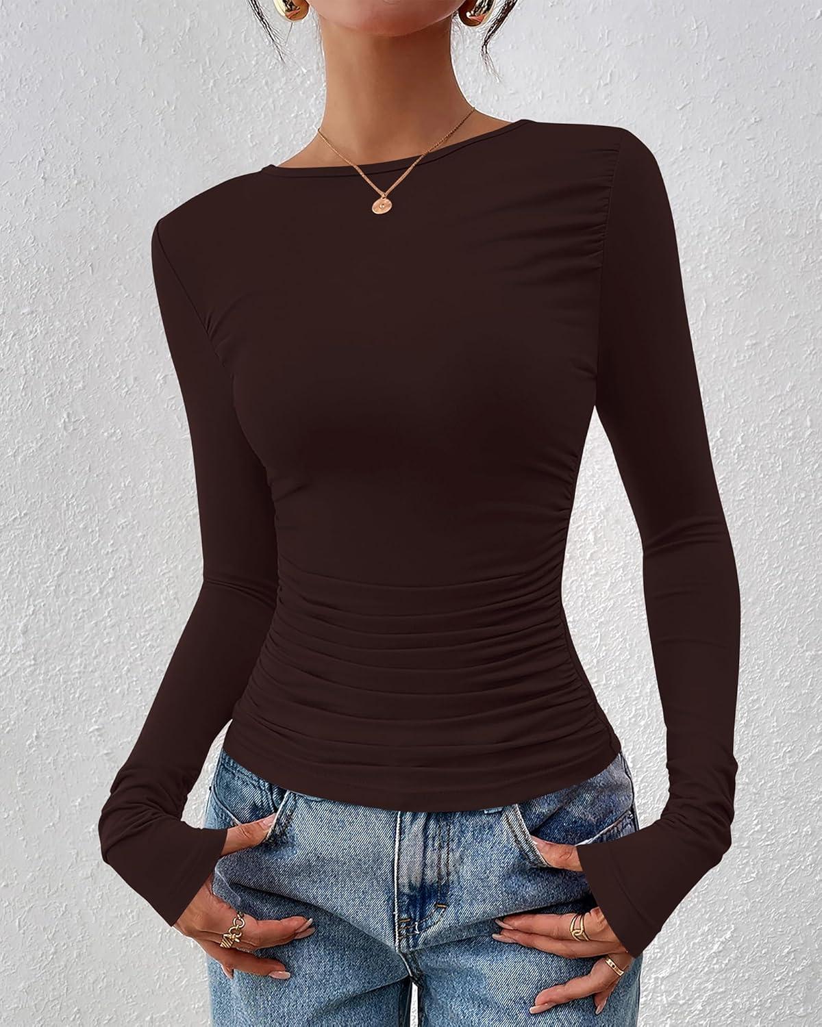 imageBTFBM Womens Tops Dressy Casual Workout Outfits Fall 2025 Long Sleeve Shirts Boat Neck Ruched Bodycon Going Out TopBrown