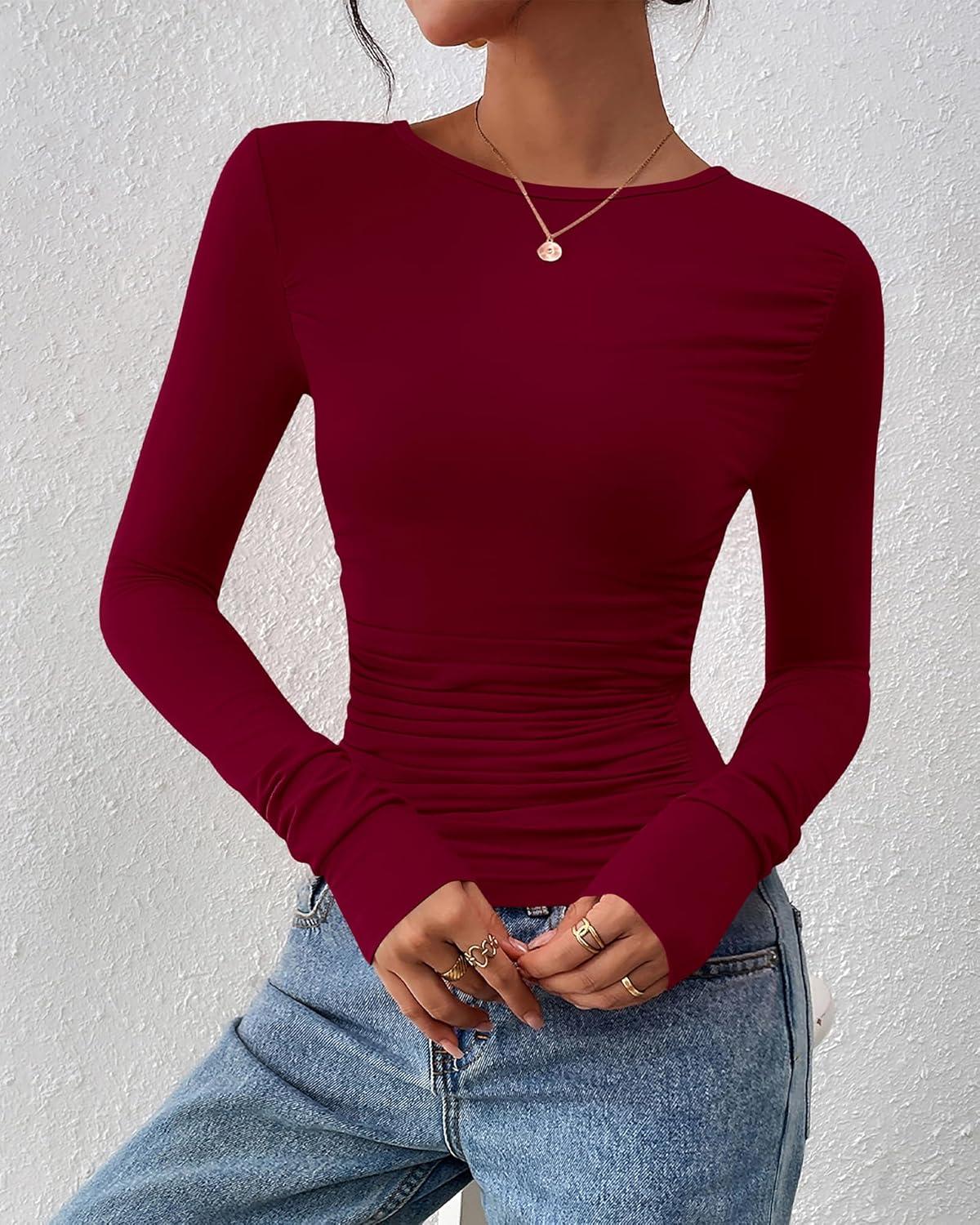 imageBTFBM Womens Tops Dressy Casual Workout Outfits Fall 2025 Long Sleeve Shirts Boat Neck Ruched Bodycon Going Out TopBurgundy