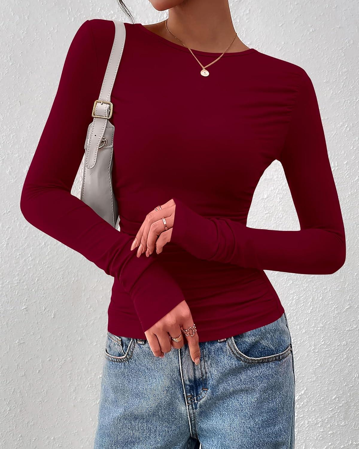 imageBTFBM Womens Tops Dressy Casual Workout Outfits Fall 2025 Long Sleeve Shirts Boat Neck Ruched Bodycon Going Out TopBurgundy