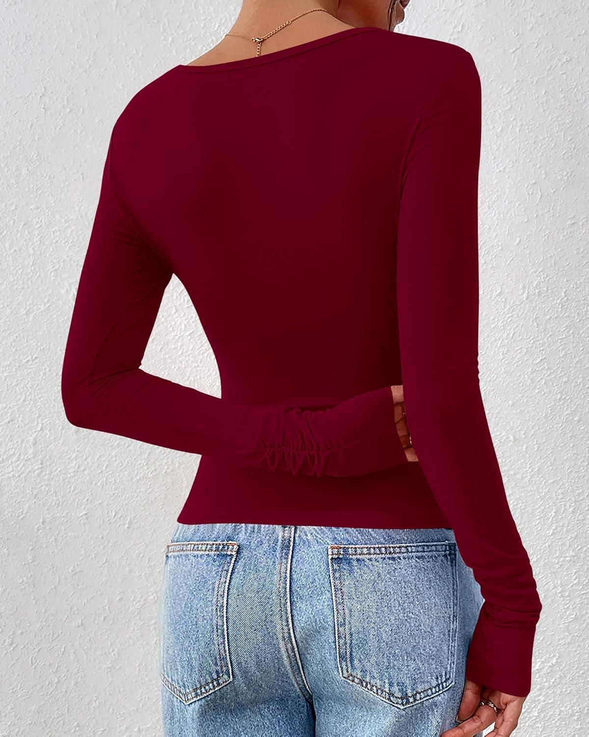 imageBTFBM Womens Tops Dressy Casual Workout Outfits Fall 2025 Long Sleeve Shirts Boat Neck Ruched Bodycon Going Out TopBurgundy