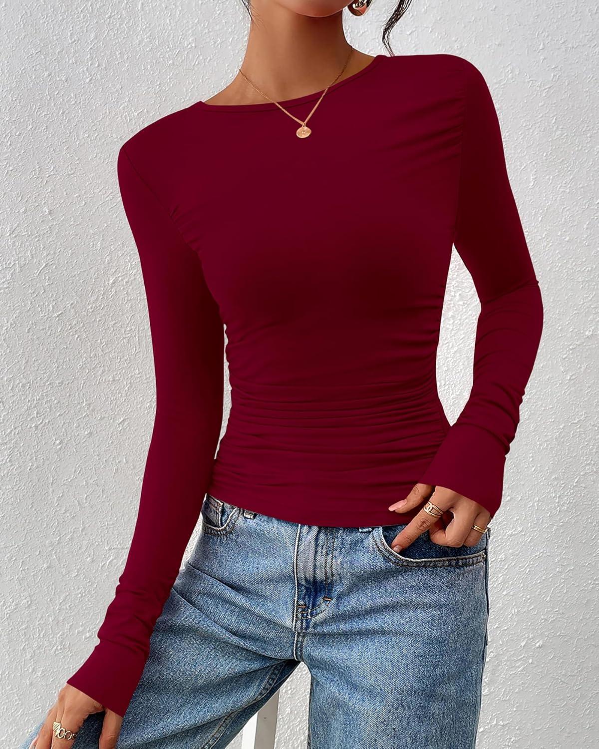 imageBTFBM Womens Tops Dressy Casual Workout Outfits Fall 2025 Long Sleeve Shirts Boat Neck Ruched Bodycon Going Out TopBurgundy