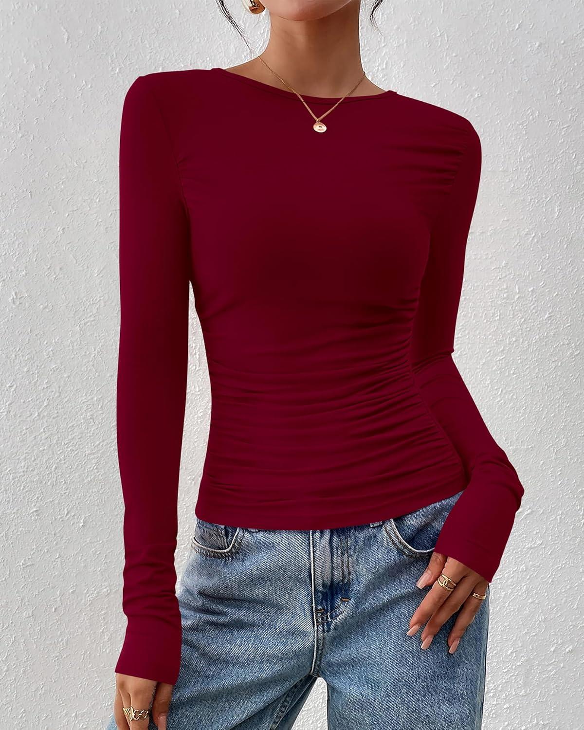 imageBTFBM Womens Tops Dressy Casual Workout Outfits Fall 2025 Long Sleeve Shirts Boat Neck Ruched Bodycon Going Out TopBurgundy