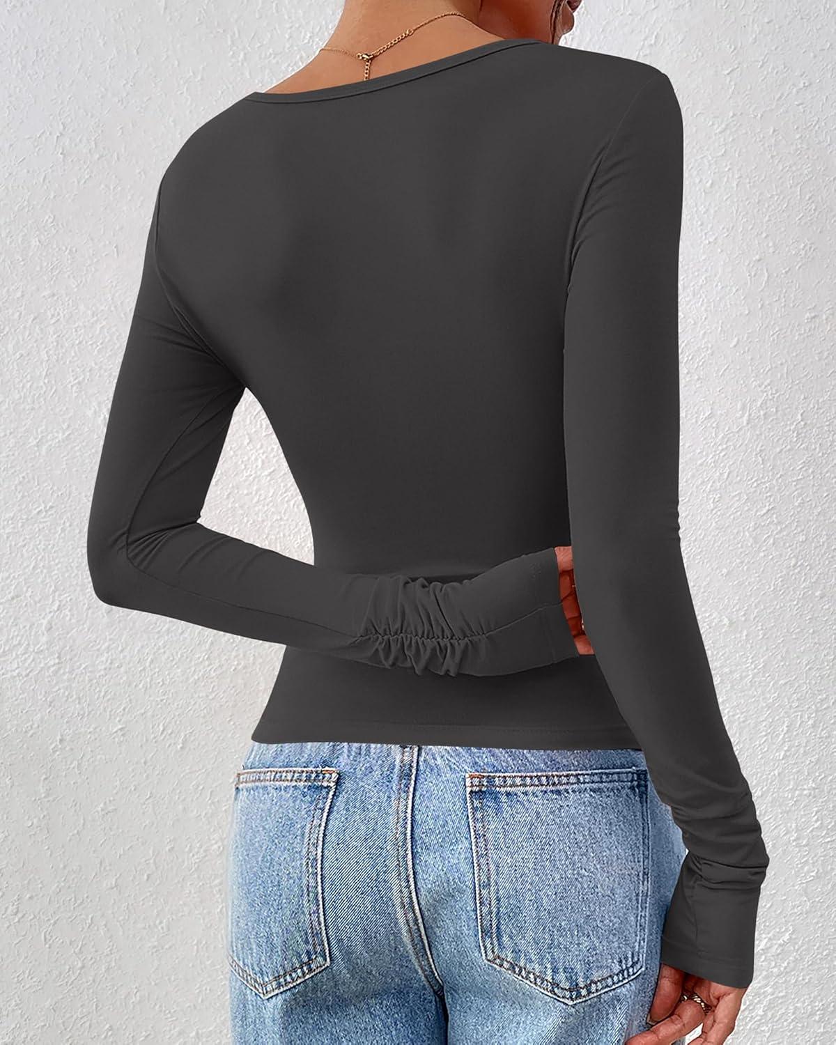 imageBTFBM Womens Tops Dressy Casual Workout Outfits Fall 2025 Long Sleeve Shirts Boat Neck Ruched Bodycon Going Out TopDark Grey