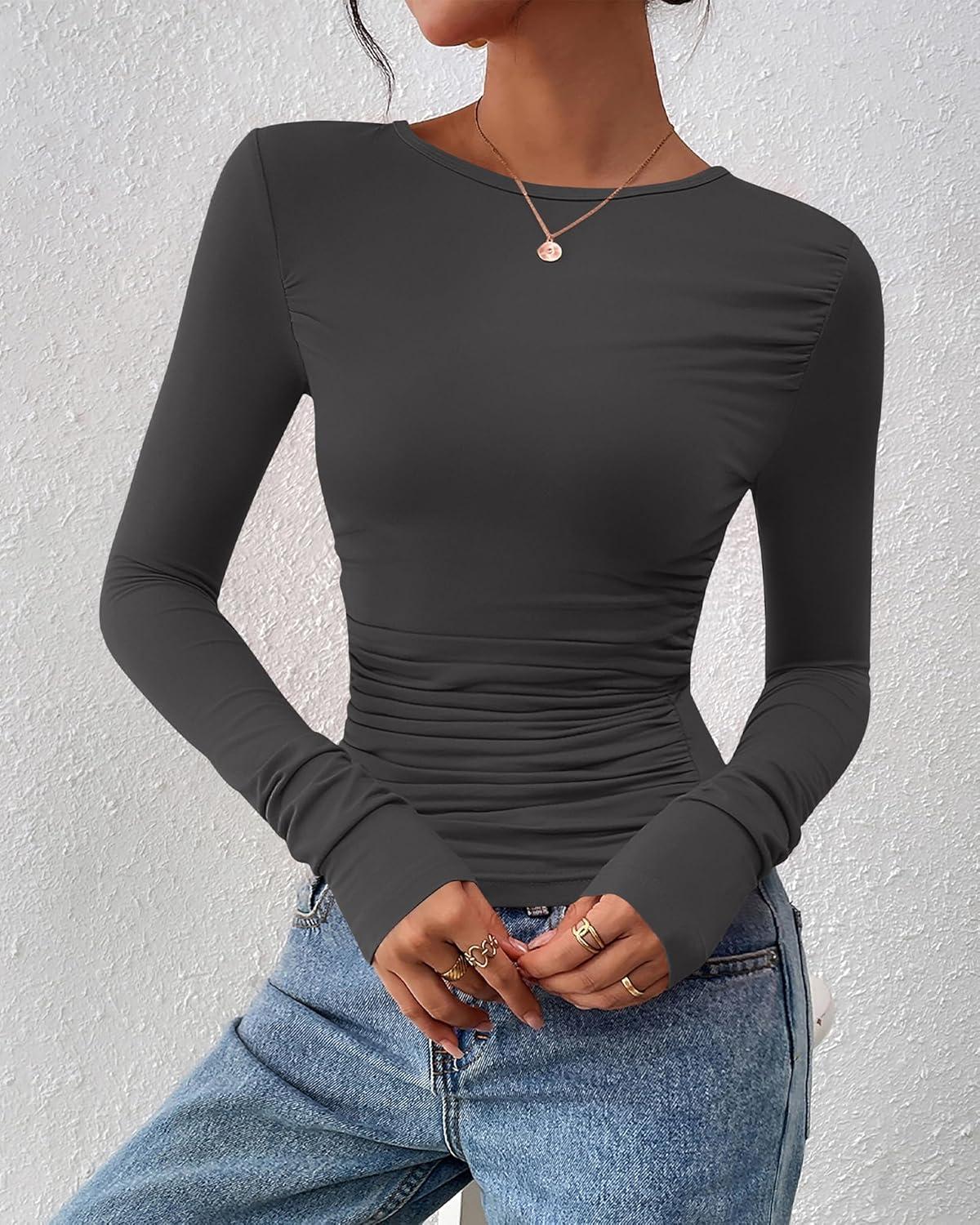 imageBTFBM Womens Tops Dressy Casual Workout Outfits Fall 2025 Long Sleeve Shirts Boat Neck Ruched Bodycon Going Out TopDark Grey
