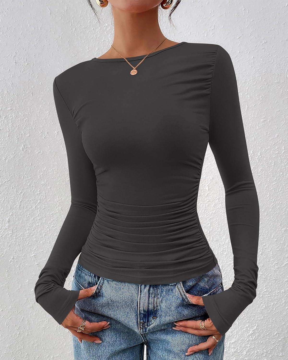 imageBTFBM Womens Tops Dressy Casual Workout Outfits Fall 2025 Long Sleeve Shirts Boat Neck Ruched Bodycon Going Out TopDark Grey