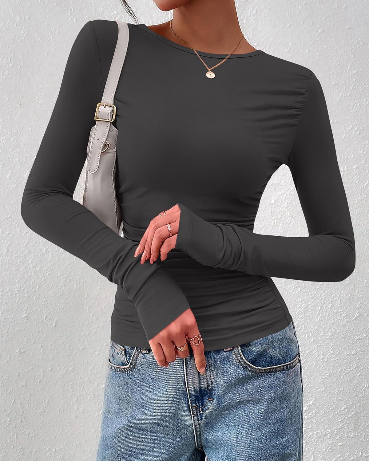 imageBTFBM Womens Tops Dressy Casual Workout Outfits Fall 2025 Long Sleeve Shirts Boat Neck Ruched Bodycon Going Out TopDark Grey
