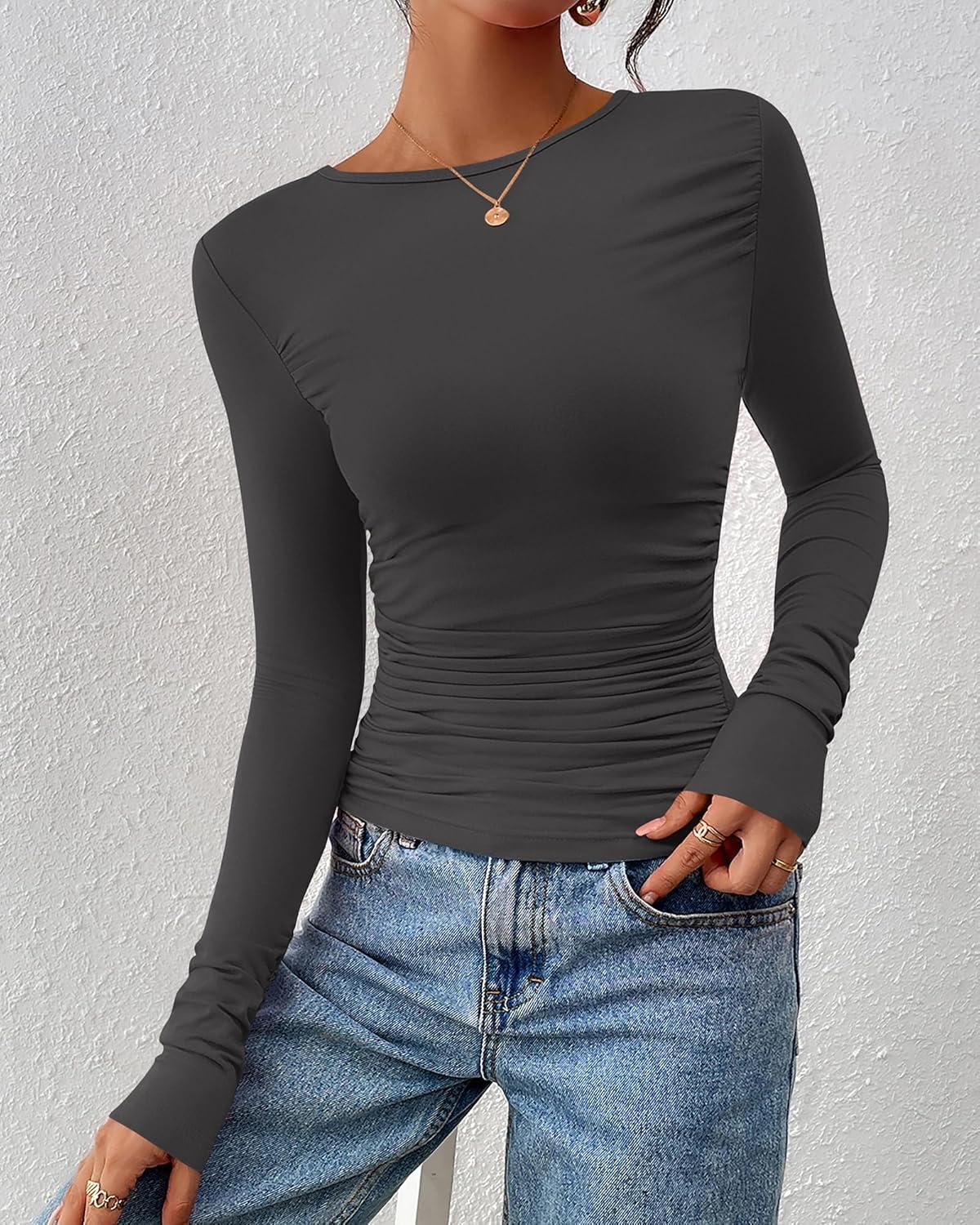 imageBTFBM Womens Tops Dressy Casual Workout Outfits Fall 2025 Long Sleeve Shirts Boat Neck Ruched Bodycon Going Out TopDark Grey