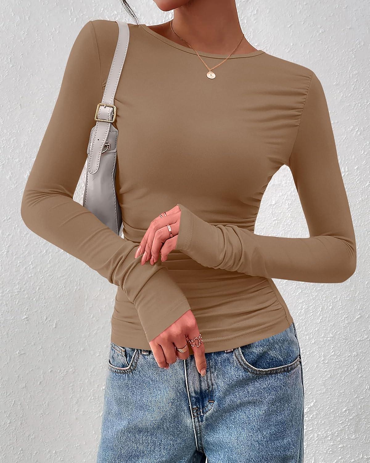 imageBTFBM Womens Tops Dressy Casual Workout Outfits Fall 2025 Long Sleeve Shirts Boat Neck Ruched Bodycon Going Out TopKhaki