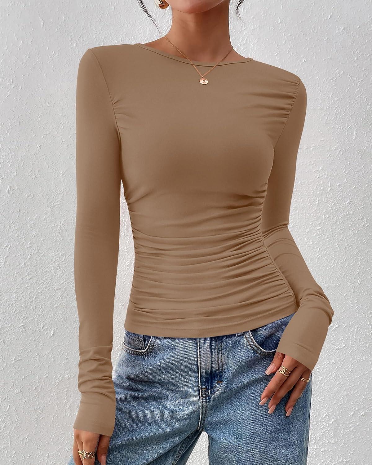imageBTFBM Womens Tops Dressy Casual Workout Outfits Fall 2025 Long Sleeve Shirts Boat Neck Ruched Bodycon Going Out TopKhaki