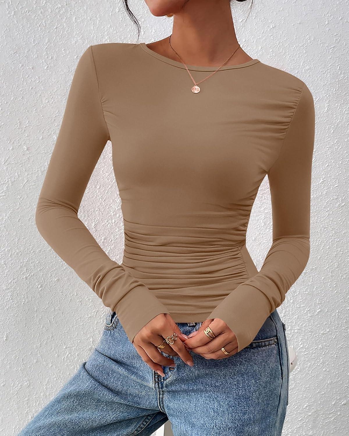 imageBTFBM Womens Tops Dressy Casual Workout Outfits Fall 2025 Long Sleeve Shirts Boat Neck Ruched Bodycon Going Out TopKhaki