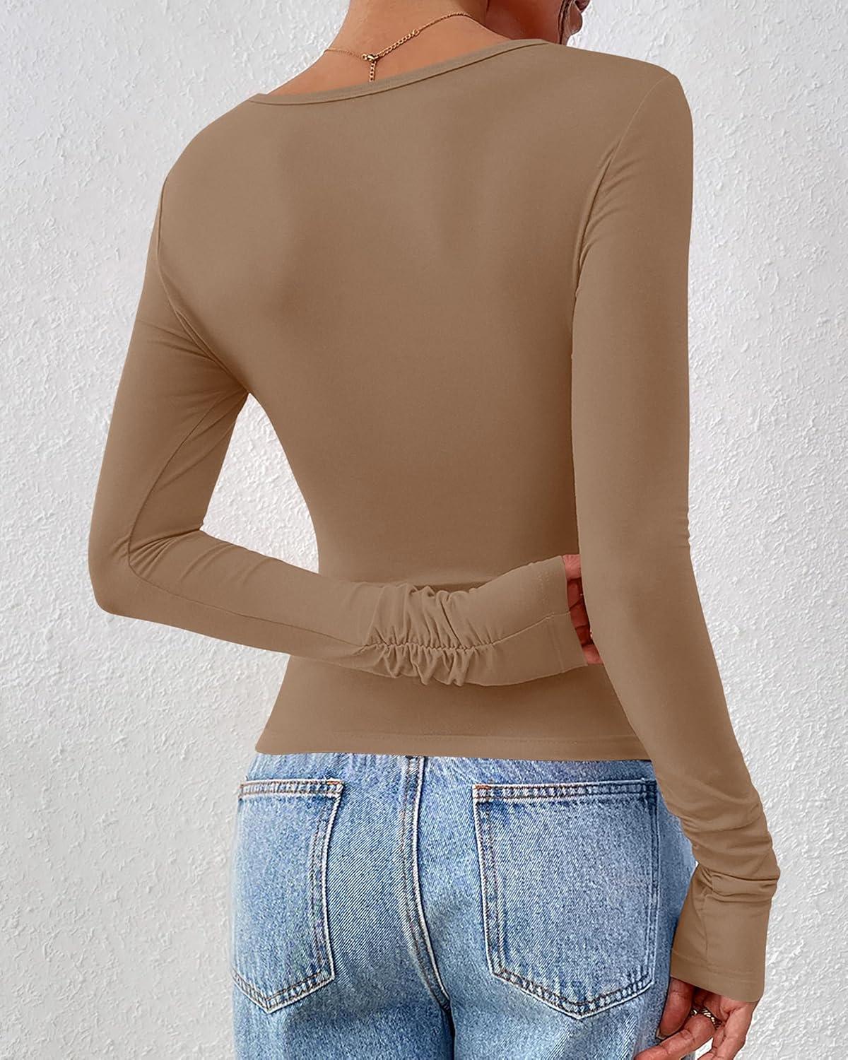 imageBTFBM Womens Tops Dressy Casual Workout Outfits Fall 2025 Long Sleeve Shirts Boat Neck Ruched Bodycon Going Out TopKhaki