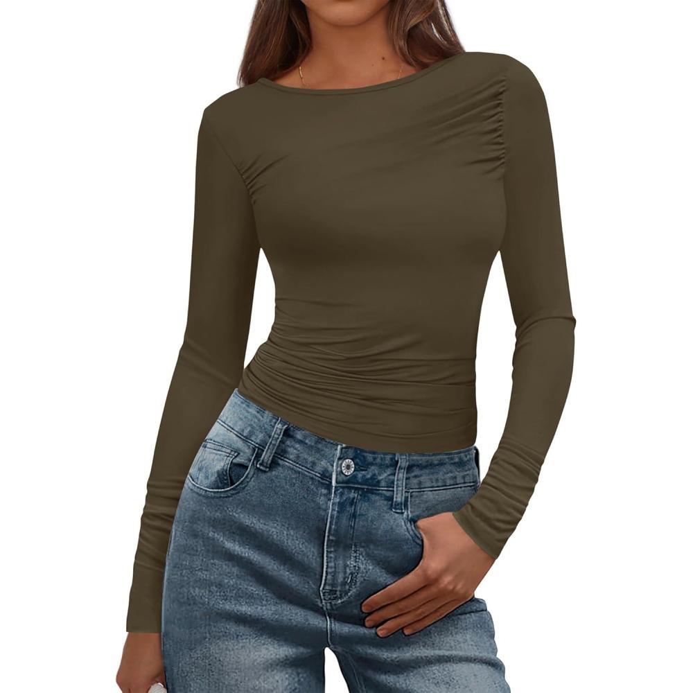 imageBTFBM Womens Tops Dressy Casual Workout Outfits Fall 2025 Long Sleeve Shirts Boat Neck Ruched Bodycon Going Out TopArmy Green