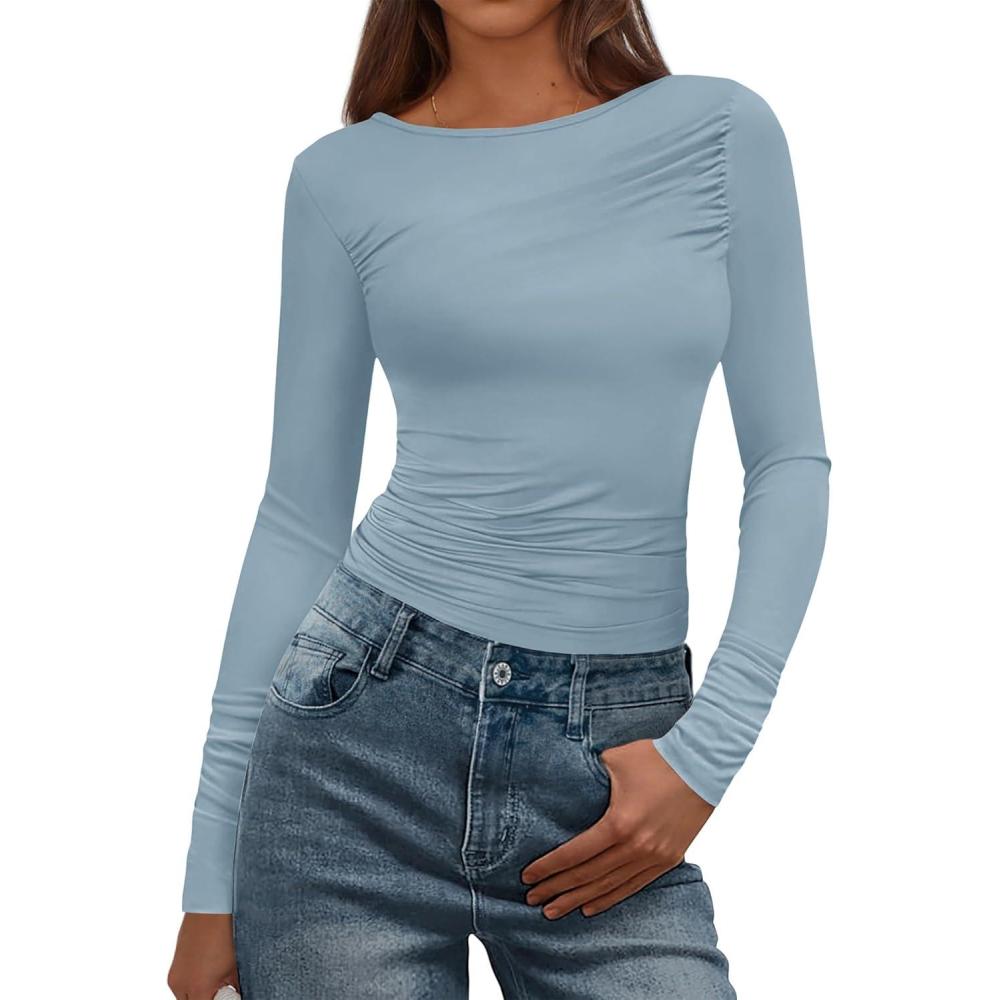 imageBTFBM Womens Tops Dressy Casual Workout Outfits Fall 2025 Long Sleeve Shirts Boat Neck Ruched Bodycon Going Out TopBlue