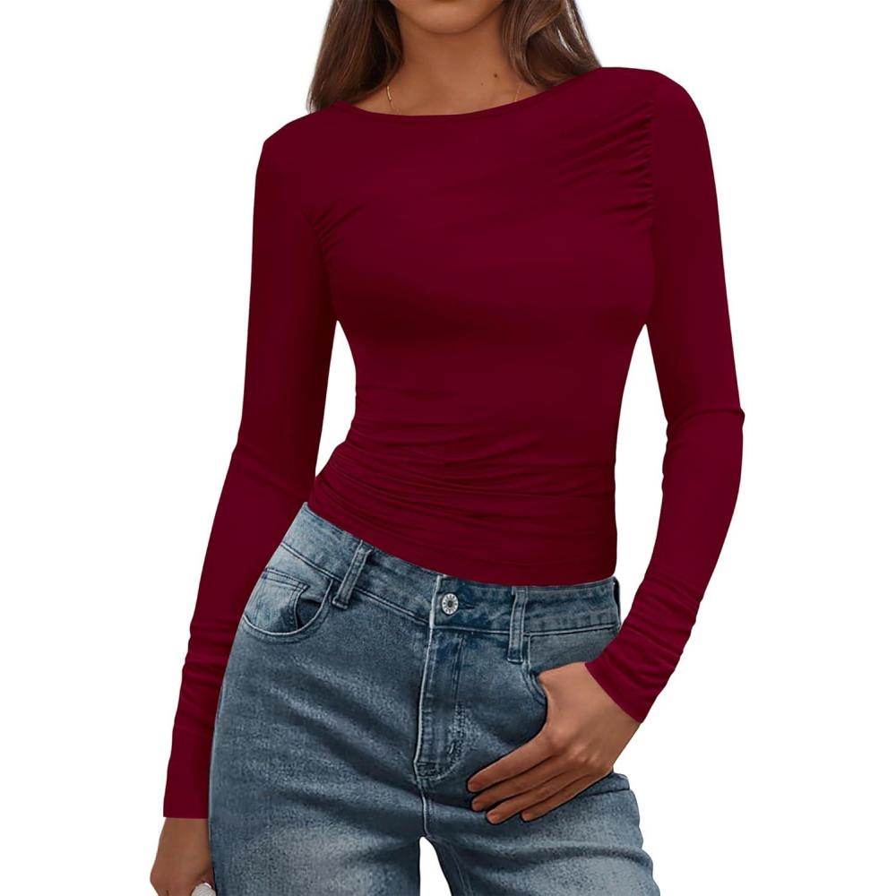 imageBTFBM Womens Tops Dressy Casual Workout Outfits Fall 2025 Long Sleeve Shirts Boat Neck Ruched Bodycon Going Out TopBurgundy