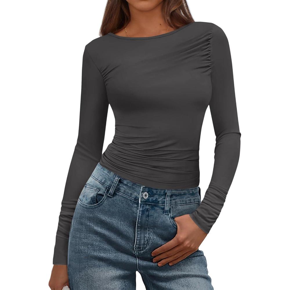 imageBTFBM Womens Tops Dressy Casual Workout Outfits Fall 2025 Long Sleeve Shirts Boat Neck Ruched Bodycon Going Out TopDark Grey