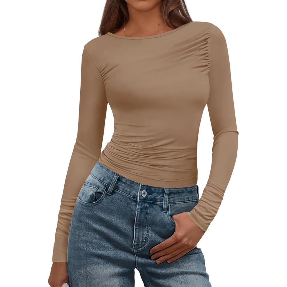 imageBTFBM Womens Tops Dressy Casual Workout Outfits Fall 2025 Long Sleeve Shirts Boat Neck Ruched Bodycon Going Out TopKhaki