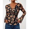 imageBTFBM Button Down Shirts for Women Fall Fashion 2025 V Neck Long Sleeve Blouse Ruched Mesh Fitted Floral Print Boho TopsBlack
