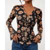 imageBTFBM Button Down Shirts for Women Fall Fashion 2025 V Neck Long Sleeve Blouse Ruched Mesh Fitted Floral Print Boho TopsBlack